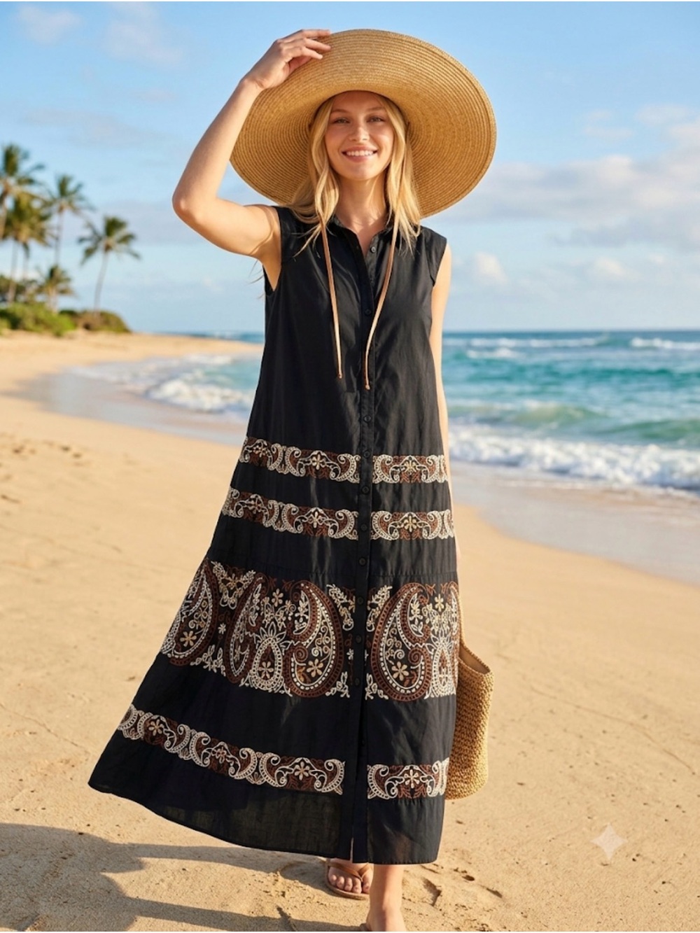 Anthropologie Black Maxi Dress with Cream & Brown Paisley Bands